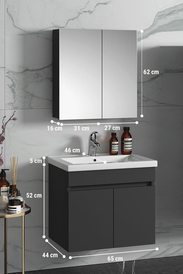 Özceden Çiğdem 65 cm Antrasit Gri Mat Mdf Seramik Lavabolu Asma Banyo Dolabı Takımı