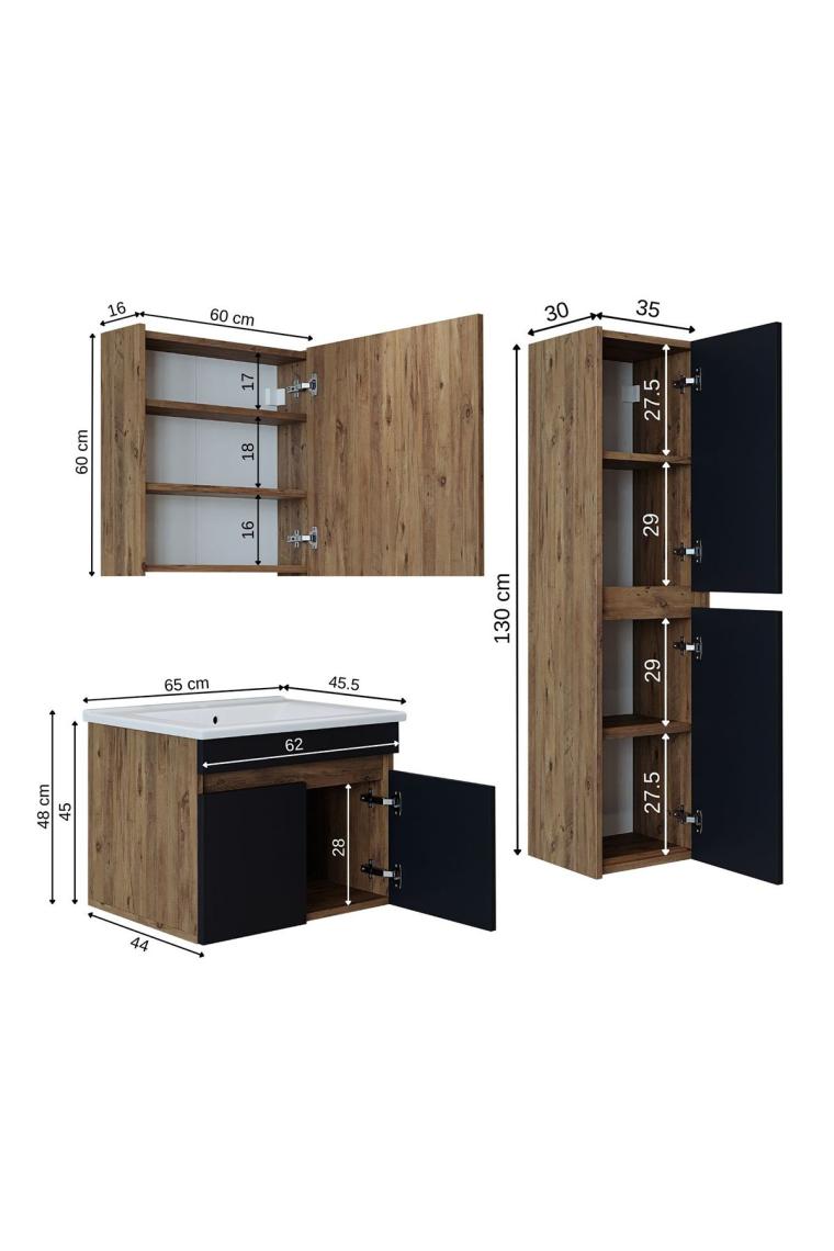 Roomart Lavabolu Atlantik - Antrasit Mat Mdf 65 cm Alt Dolap + Aynalı Üst Dolap + Boy Dolap