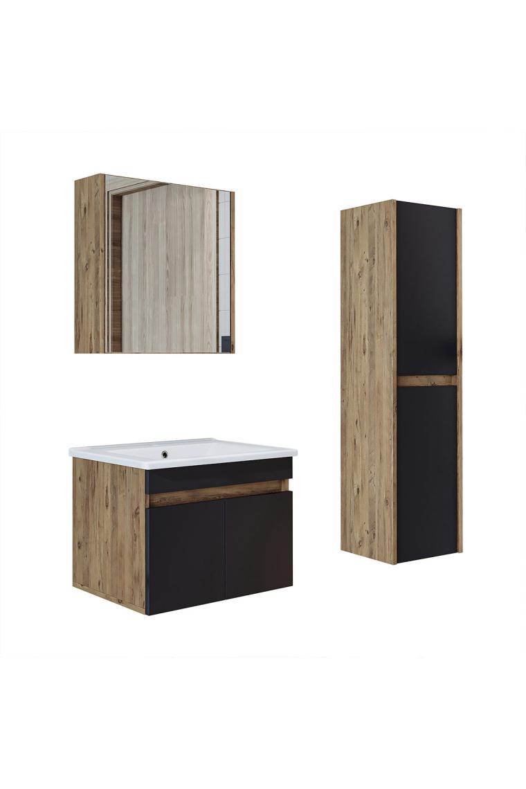 Roomart Lavabolu Atlantik - Antrasit Mat Mdf 65 cm Alt Dolap + Aynalı Üst Dolap + Boy Dolap