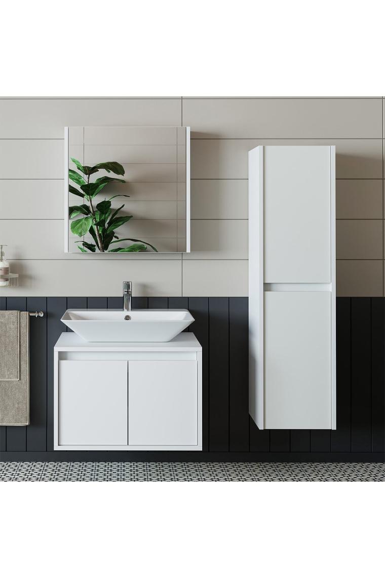 Banos Banyo Roomart Lavabolu Mat Beyaz Mdf 65 cCm Banyo Dolabı + Aynalı Banyo Üst Dolabı + Banyo Boy Dolabı