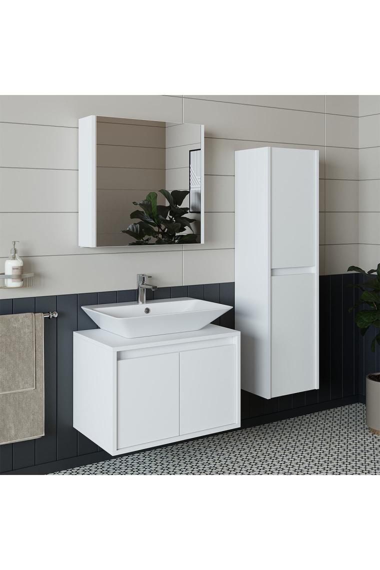 Banos Banyo Roomart Lavabolu Mat Beyaz Mdf 65 cCm Banyo Dolabı + Aynalı Banyo Üst Dolabı + Banyo Boy Dolabı