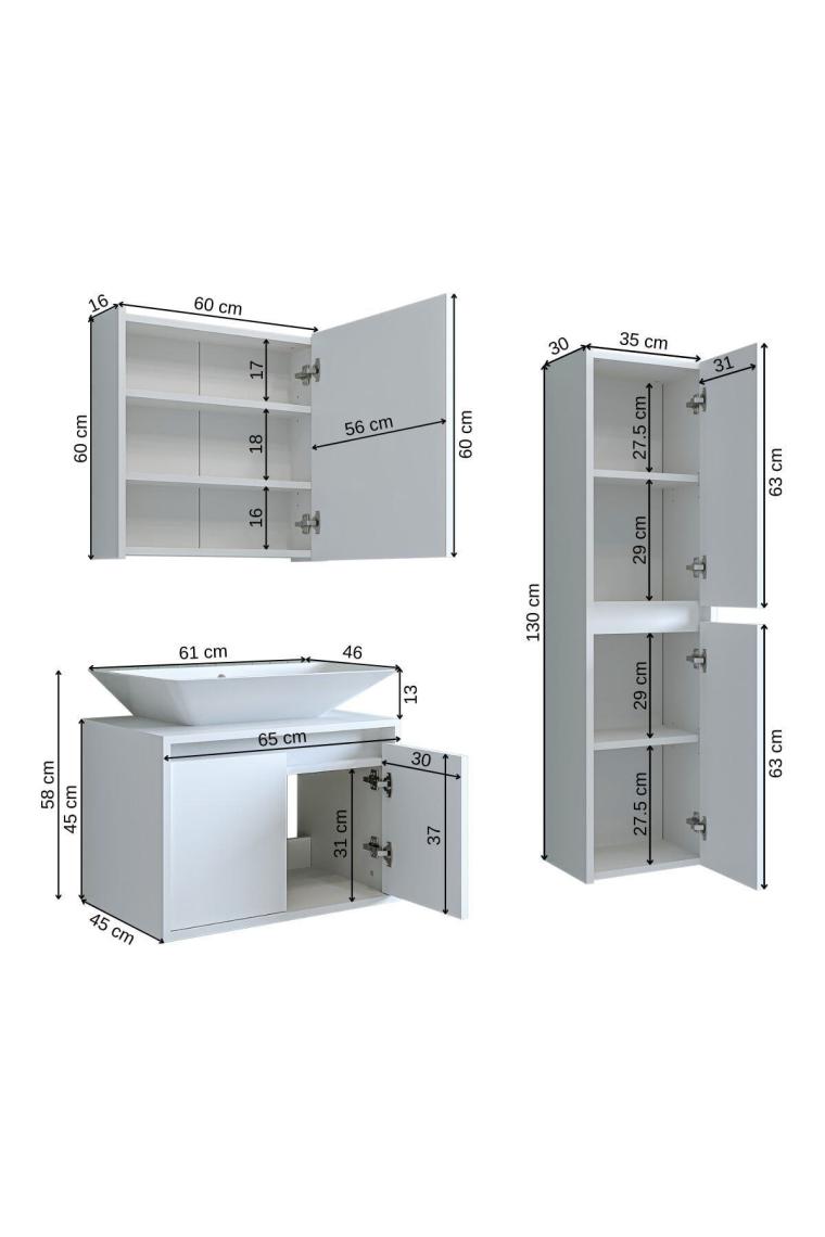Banos Banyo Roomart Lavabolu Mat Beyaz Mdf 65 cCm Banyo Dolabı + Aynalı Banyo Üst Dolabı + Banyo Boy Dolabı