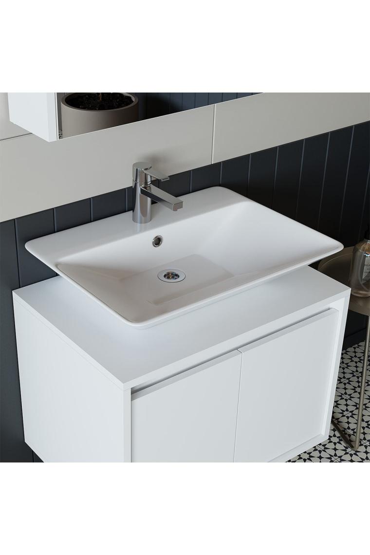 Banos Banyo Roomart Lavabolu Mat Beyaz Mdf 65 cCm Banyo Dolabı + Aynalı Banyo Üst Dolabı + Banyo Boy Dolabı