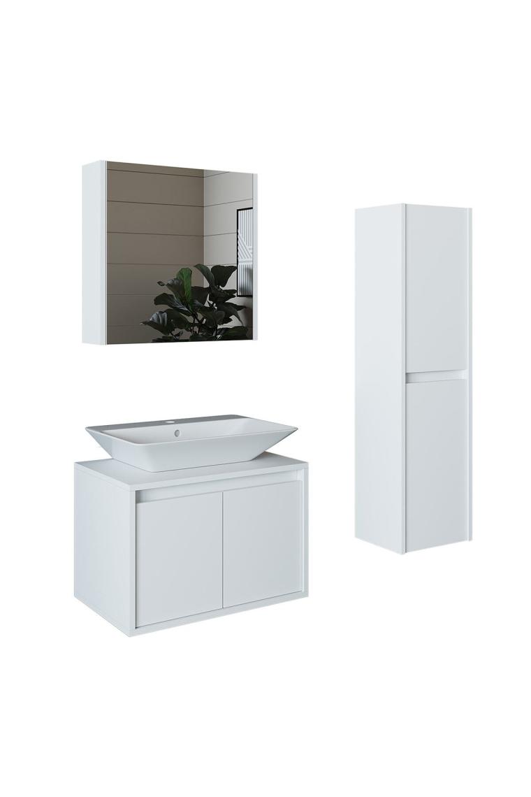 Banos Banyo Roomart Lavabolu Mat Beyaz Mdf 65 cCm Banyo Dolabı + Aynalı Banyo Üst Dolabı + Banyo Boy Dolabı