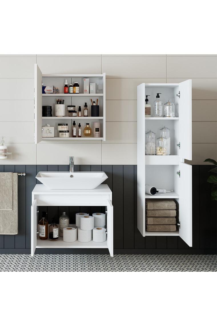 Banos Banyo Roomart Lavabolu Mat Beyaz Mdf 65 cCm Banyo Dolabı + Aynalı Banyo Üst Dolabı + Banyo Boy Dolabı