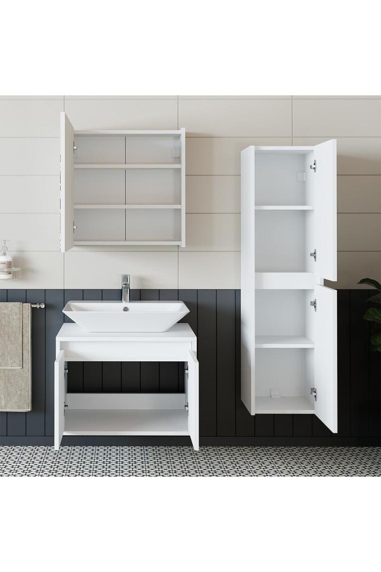 Banos Banyo Roomart Lavabolu Mat Beyaz Mdf 65 cCm Banyo Dolabı + Aynalı Banyo Üst Dolabı + Banyo Boy Dolabı