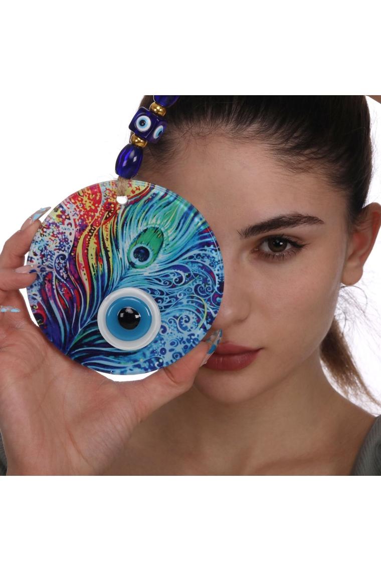 Cam Tavus Kuşu Tüyü Desenli 12×12  cm Nazar Boncuklu 12×30  cm El Yapımı Duvar Süsü Nazarlık