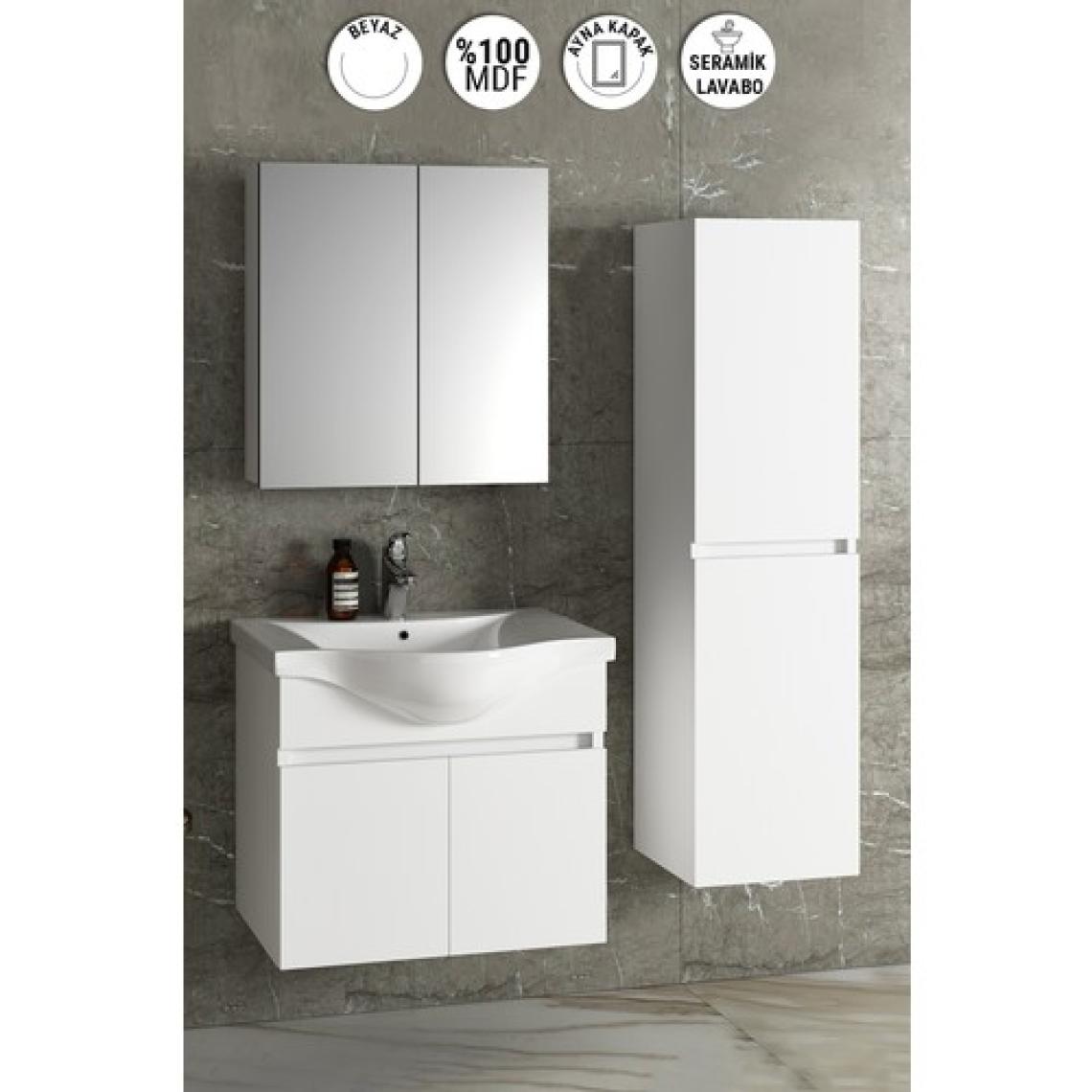 Özceden Yıldız 65+35 cm Beyaz Mdf Seramik Lavabolu Asma Banyo Dolabı Takımı