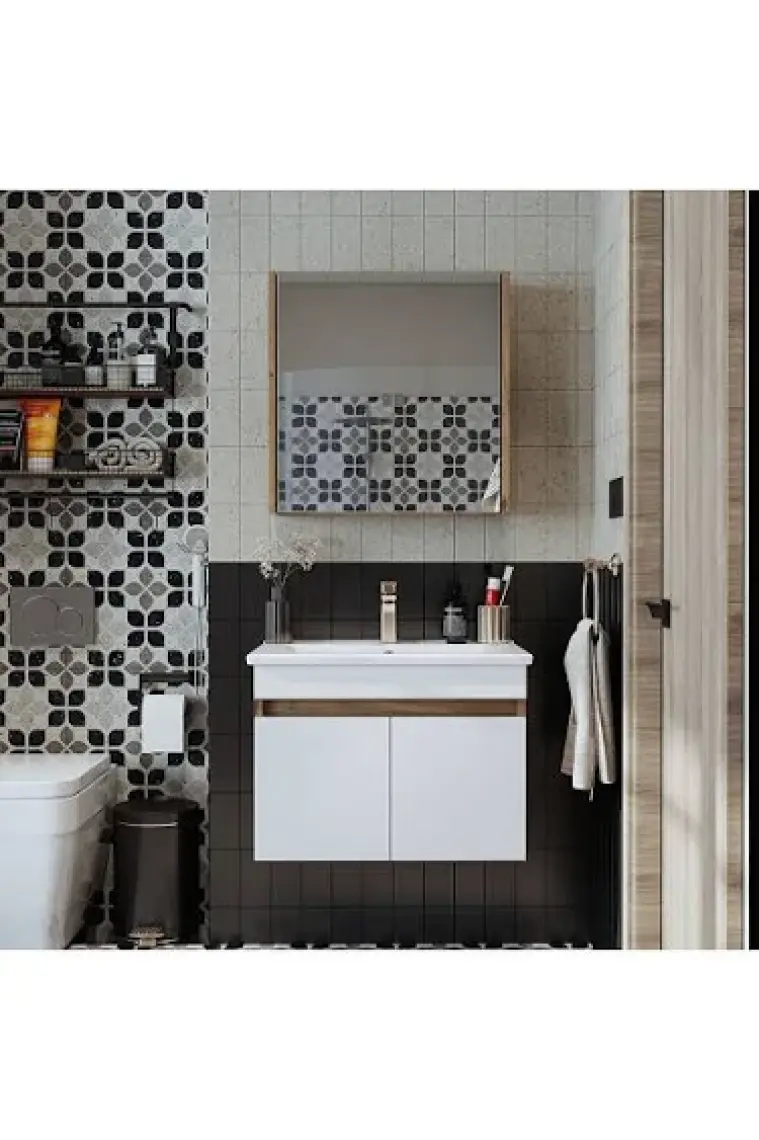 Roomart '' Lavabolu '' Atlantik-Beyaz Mat Mdf 65 cm Banyo Alt Dolap + Aynalı Üst Dolap