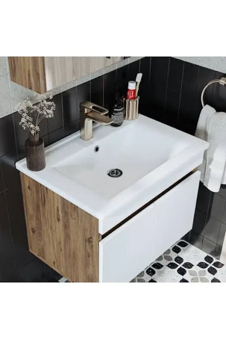 Roomart '' Lavabolu '' Atlantik-Beyaz Mat Mdf 65 cm Banyo Alt Dolap + Aynalı Üst Dolap