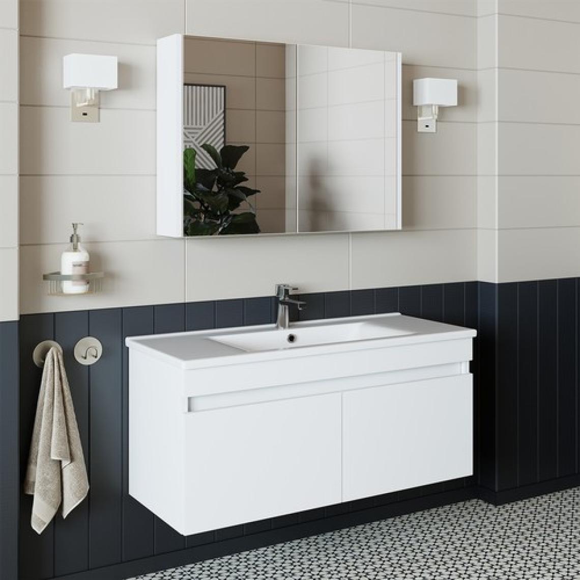Banos Roomart 2 Kapaklı Lavabolu Beyaz Mdf 100 cm Banyo Dolabı + Aynalı Banyo Üst Dolabı