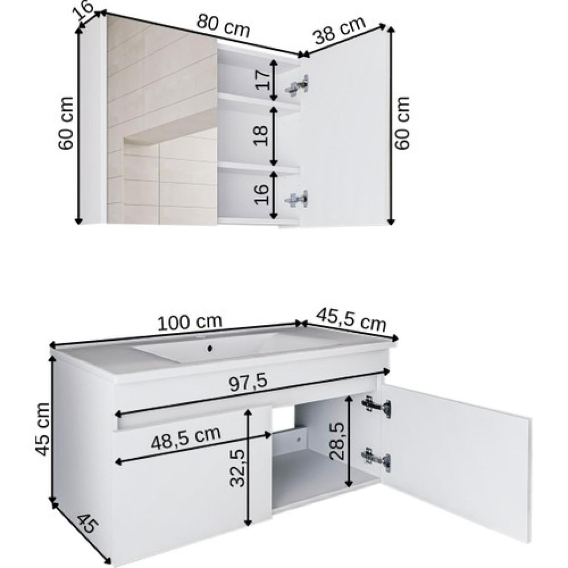 Banos Roomart 2 Kapaklı Lavabolu Beyaz Mdf 100 cm Banyo Dolabı + Aynalı Banyo Üst Dolabı