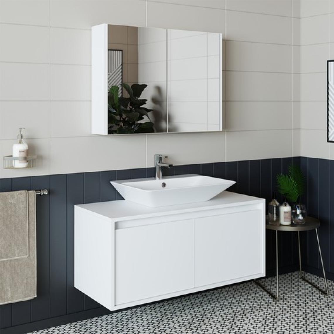 Banos Banyo Roomart Lavabolu Mat Beyaz Mdf 100 Cm Banyo Dolabı + Aynalı Banyo Üst Dolabı