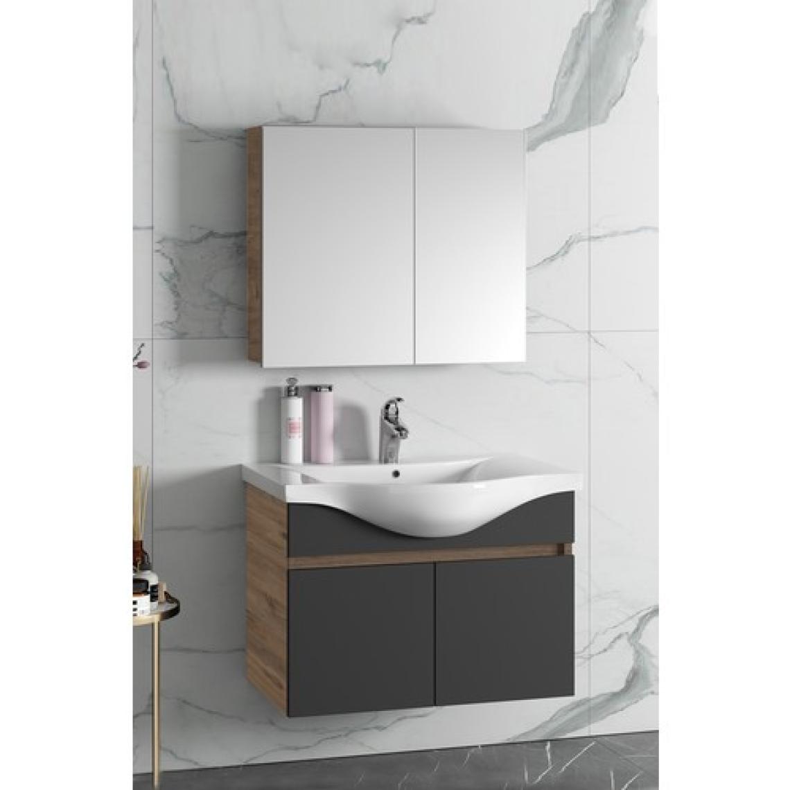 Özceden Yıldız 80 cm Atlantik Çam-Antrasit Gri Mat Mdf Seramik Lavabolu Asma Banyo Dolabı Takımı