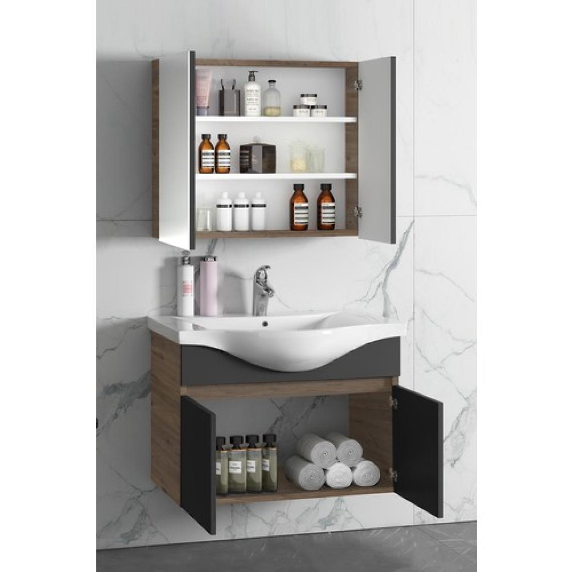 Özceden Yıldız 80 cm Atlantik Çam-Antrasit Gri Mat Mdf Seramik Lavabolu Asma Banyo Dolabı Takımı