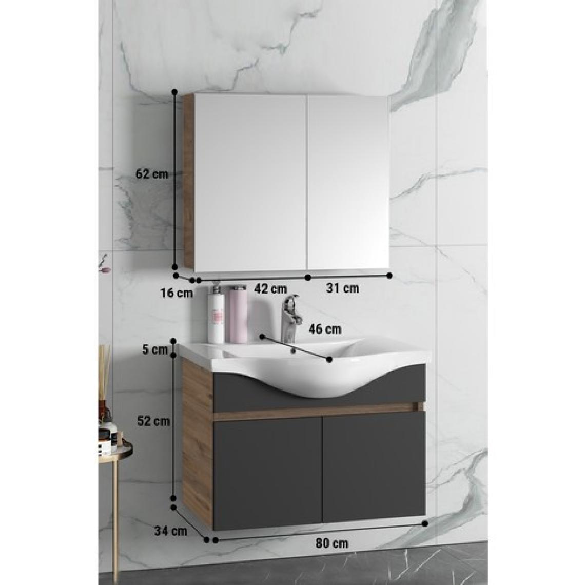 Özceden Yıldız 80 cm Atlantik Çam-Antrasit Gri Mat Mdf Seramik Lavabolu Asma Banyo Dolabı Takımı