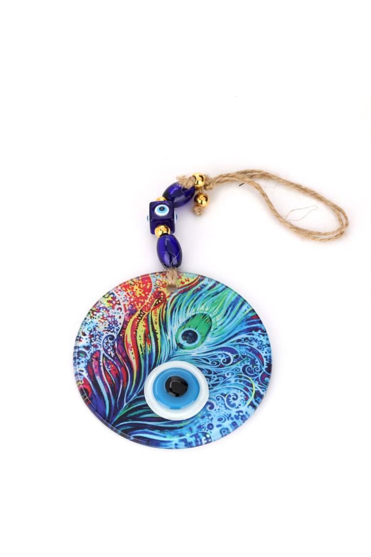 Cam Tavus Kuşu Tüyü Desenli 12×12  cm Nazar Boncuklu 12×30  cm El Yapımı Duvar Süsü Nazarlık