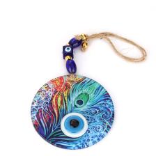 Cam Tavus Kuşu Tüyü Desenli 12×12  cm Nazar Boncuklu 12×30  cm El Yapımı Duvar Süsü Nazarlık