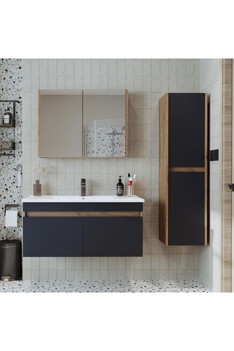 Roomart Lavabolu Atlantik - Antrasit Mat Mdf 100 cm Alt Dolap + Aynalı Üst Dolap + Boy Dolap