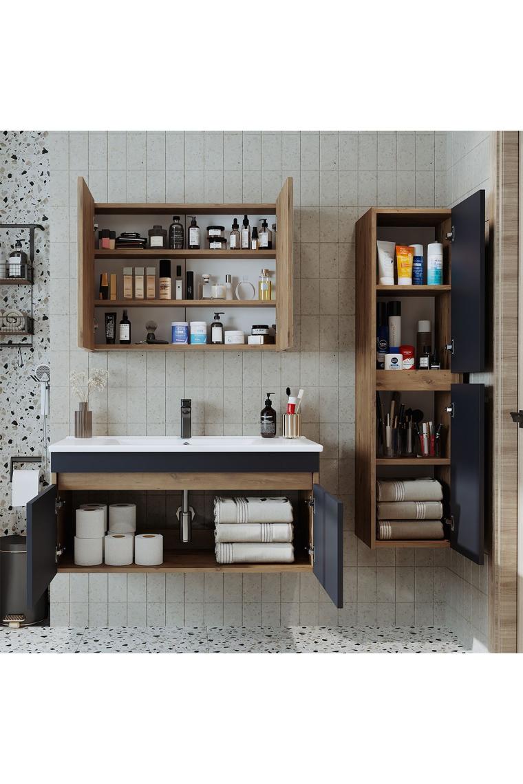 Roomart Lavabolu Atlantik - Antrasit Mat Mdf 100 cm Alt Dolap + Aynalı Üst Dolap + Boy Dolap