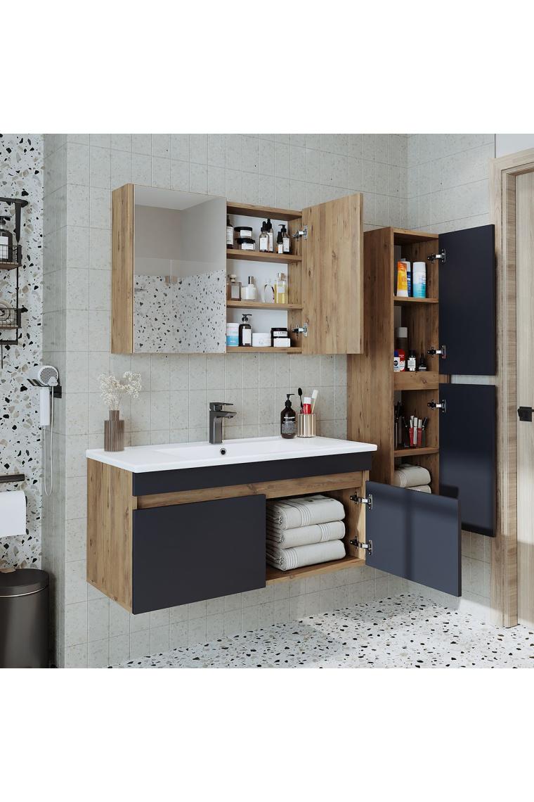 Roomart Lavabolu Atlantik - Antrasit Mat Mdf 100 cm Alt Dolap + Aynalı Üst Dolap + Boy Dolap