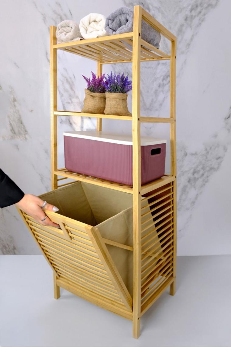 Digithome Bambu Kirli Sepetli 3 Raflı Çok Amaçlı Banyo Düzenleyici Çamaşır Sepeti Organizer DB-0002