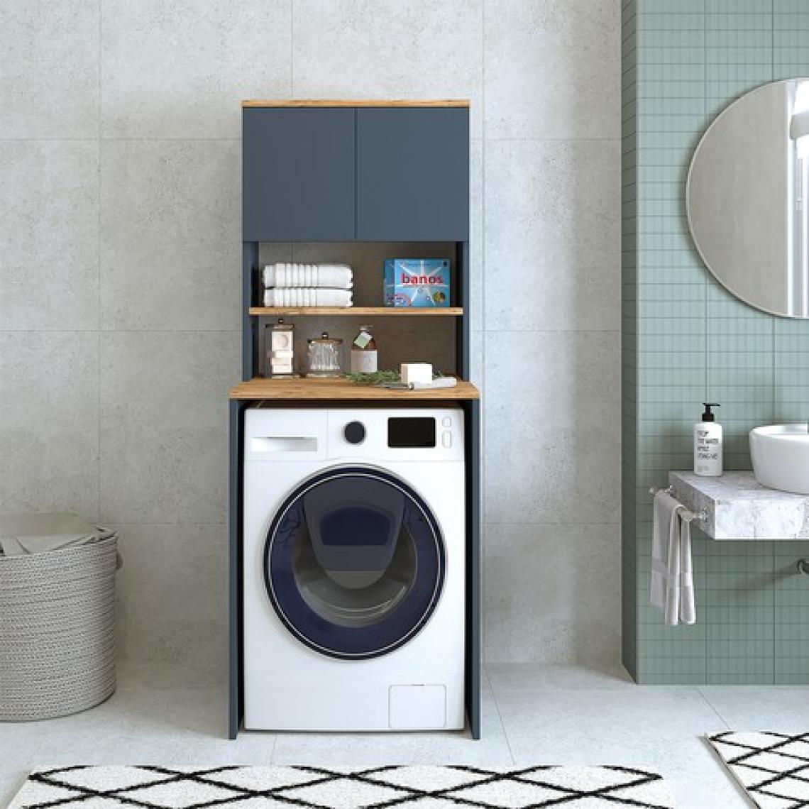 Banos Roomart CD10 Çamaşır Makinesi Dolabı 3 Raflı 2 Kapaklı Banyo Dolabı Mat Antrasit-Ahşap