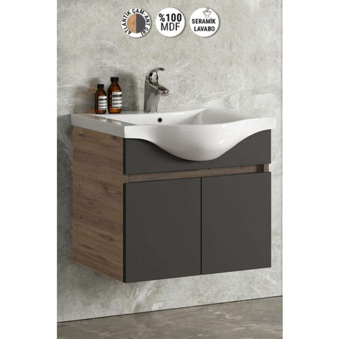 Özceden Yıldız 55 cm Atlantik Çam-Antrasit Gri Mat Mdf Seramik Lavabolu Asma Banyo Alt Dolabı