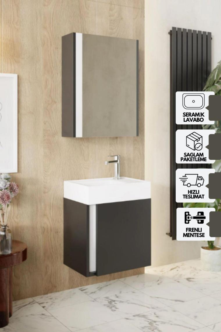 Karen Banyo Kemer 45 Cm,lavabolu,aynalı,banyo Dolabı,mat Antrasit,lavabo Dahil