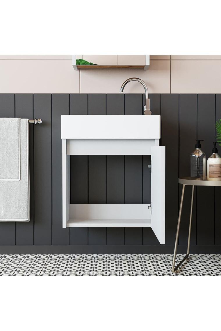 Roomart  Ayaksız Tek Kapaklı Lavabolu Beyaz 50 cm Banyo Dolabı