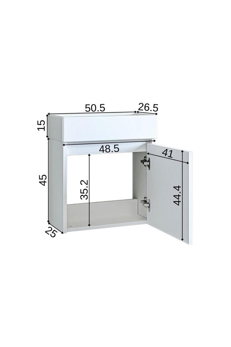 Roomart  Ayaksız Tek Kapaklı Lavabolu Beyaz 50 cm Banyo Dolabı