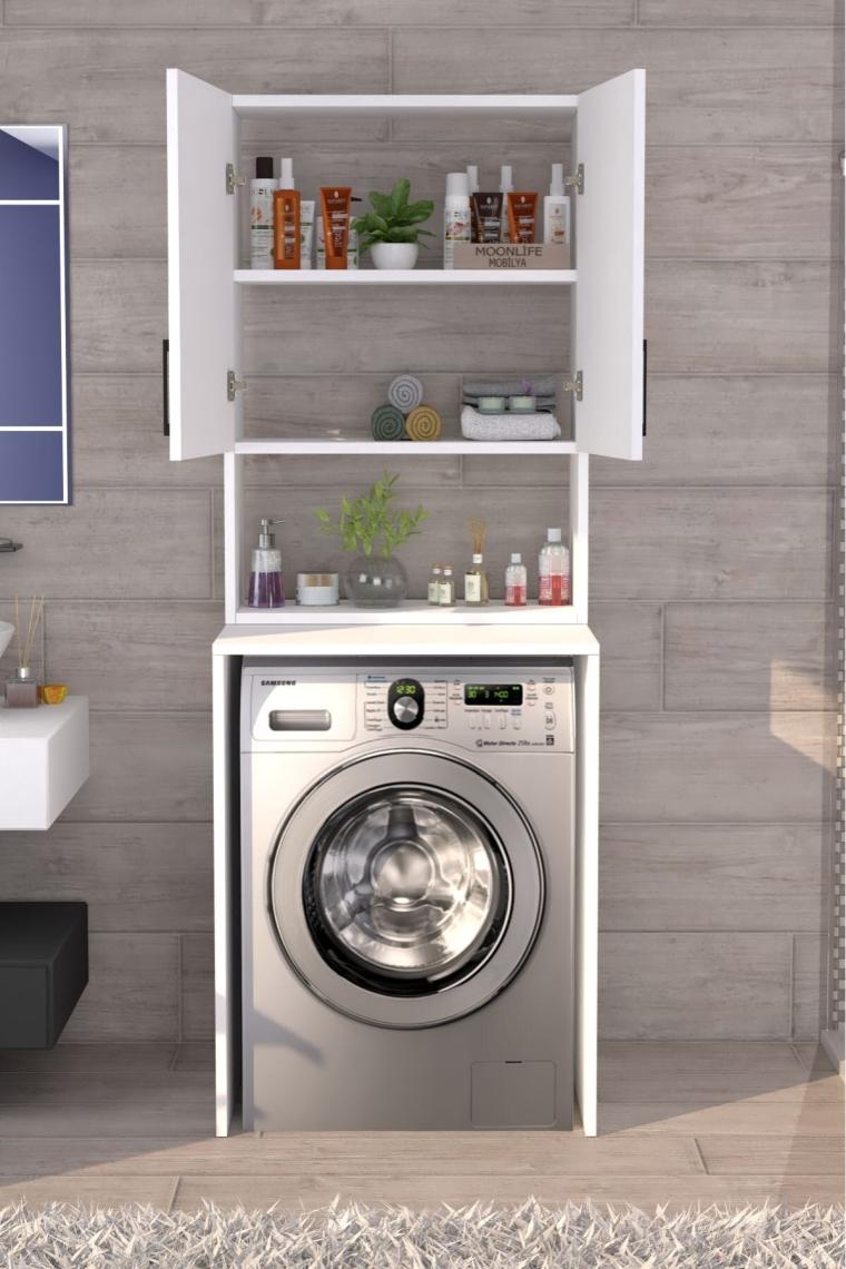 Moonlife Üst Dolaplı Çok Amaçlı Çamaşır Makinesi Dolabı Beyaz