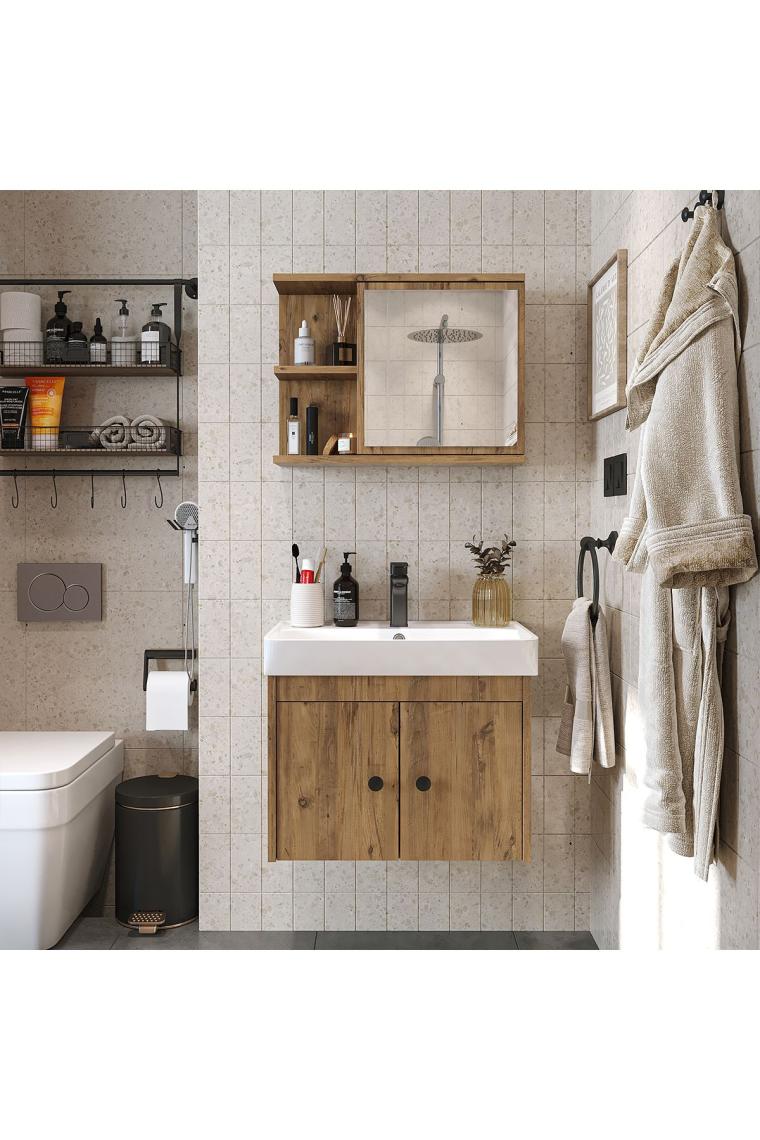 Lavabolu Mat Suntalam 60 cm Banyo Dolabı + Aynalı Üst Dolabı