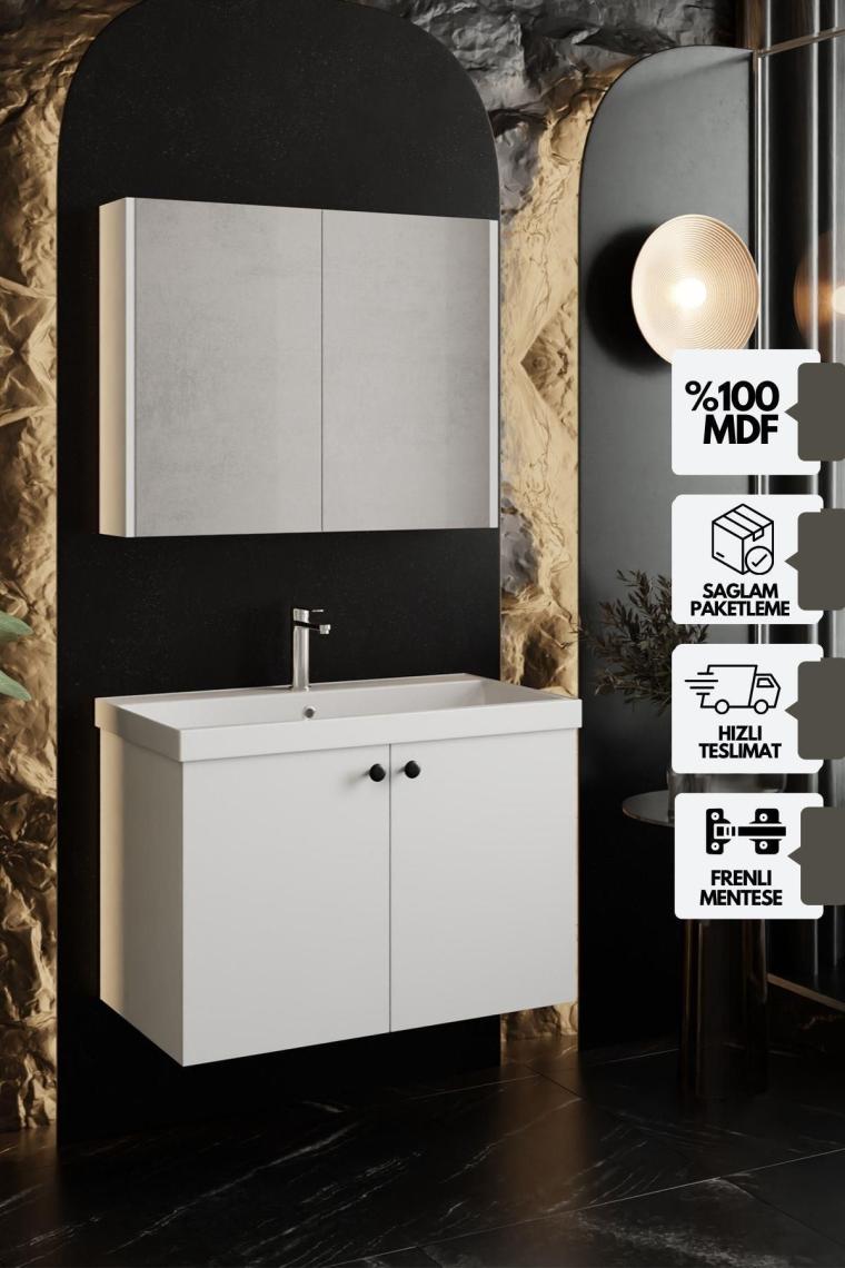 Karen Banyo Mimoza 80 cm Lavabolu Aynalı Banyo Dolabı Seti - Mdf Beyaz