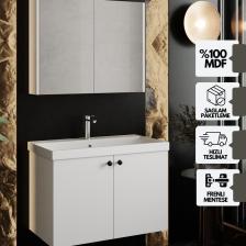 Karen Banyo Mimoza 80 cm Lavabolu Aynalı Banyo Dolabı Seti - Mdf Beyaz