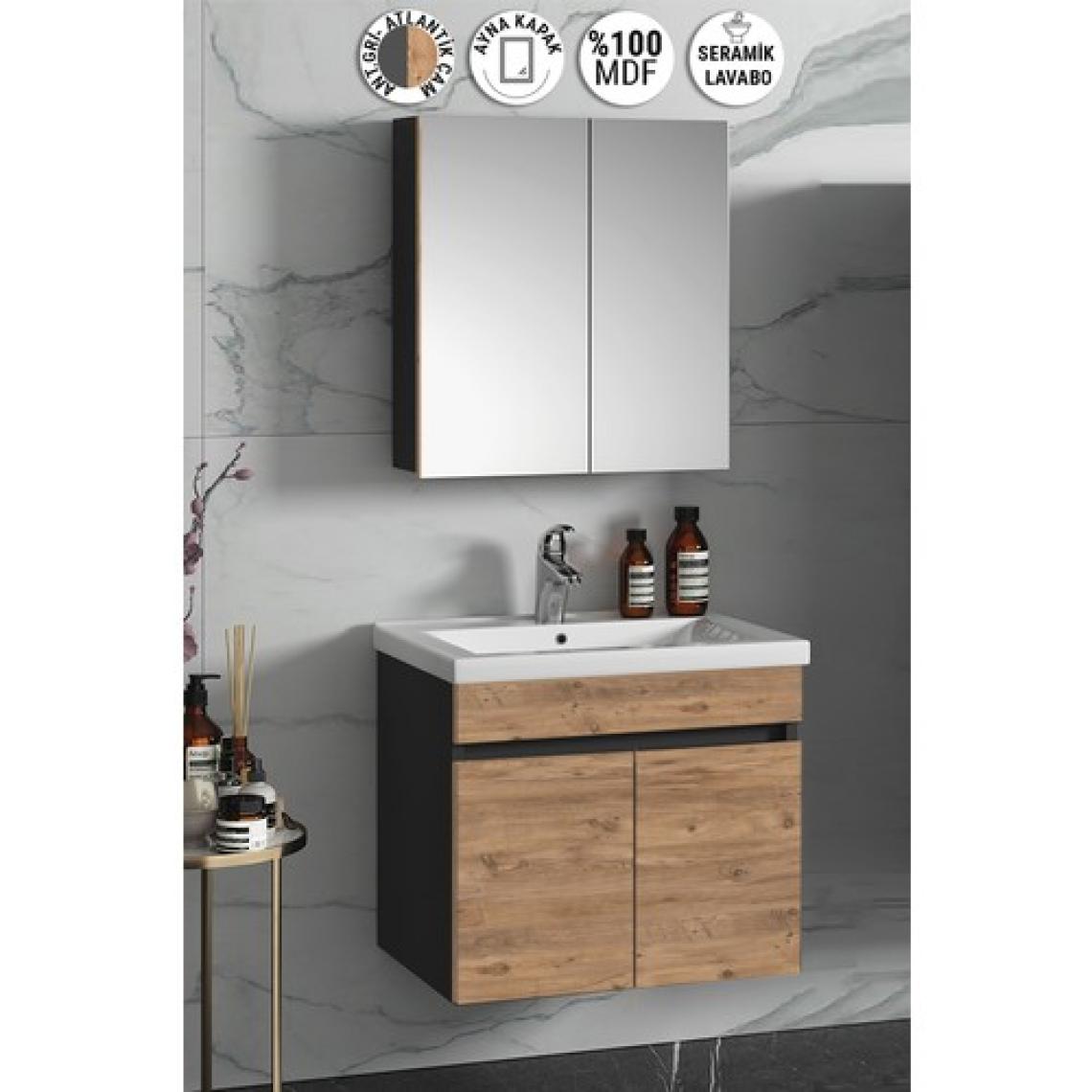 Özceden Çiğdem 65 cm Antrasit Gri Mat-Atlantik Çam Mdf Seramik Lavabolu Asma Banyo Dolabı Takımı