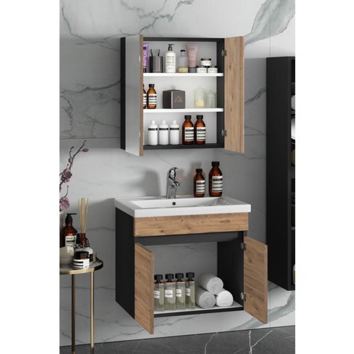 Özceden Çiğdem 65 cm Antrasit Gri Mat-Atlantik Çam Mdf Seramik Lavabolu Asma Banyo Dolabı Takımı