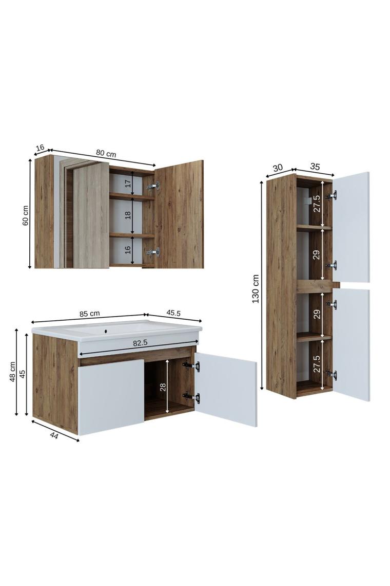 Roomart '' Lavabolu '' Atlantik-Beyaz Mat Mdf 85 cm Banyo Alt  Dolap + Aynalı Üst Dolap + Boy Dolap