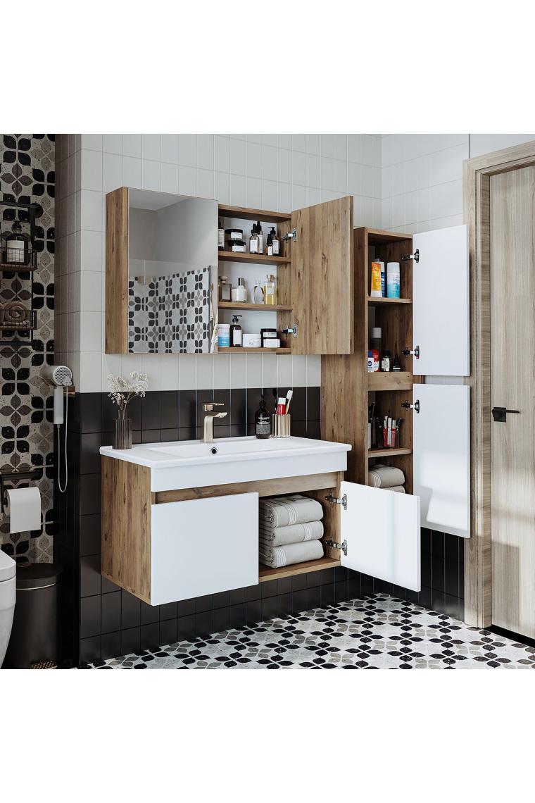 Roomart '' Lavabolu '' Atlantik-Beyaz Mat Mdf 85 cm Banyo Alt  Dolap + Aynalı Üst Dolap + Boy Dolap