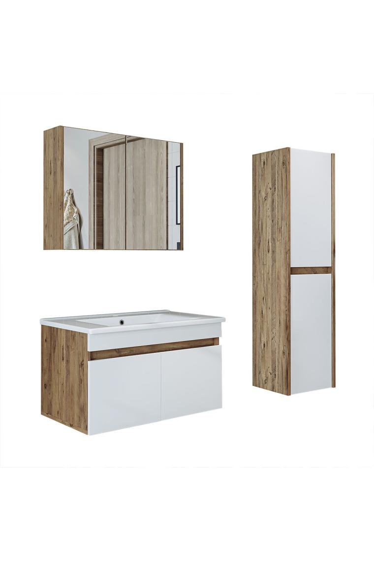 Roomart '' Lavabolu '' Atlantik-Beyaz Mat Mdf 85 cm Banyo Alt  Dolap + Aynalı Üst Dolap + Boy Dolap