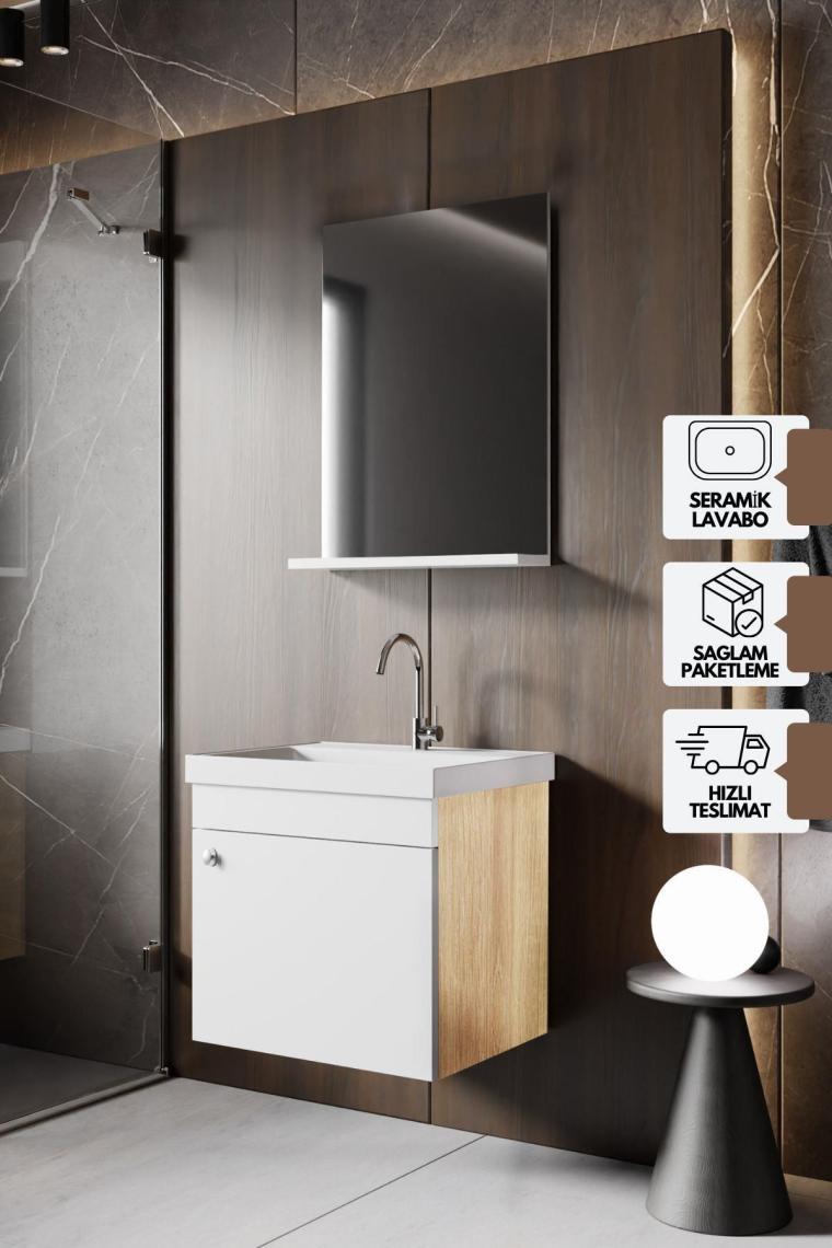 Karen Banyo Milano 50 cm Lavabolu Banyo Dolabı,lavabo Dahil, Ayna Dahil Sonomo meşe