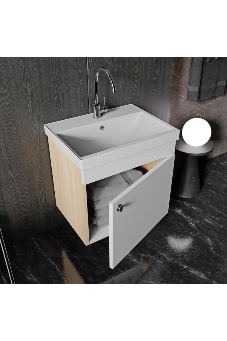 Karen Banyo Milano 50 cm Lavabolu Banyo Dolabı,lavabo Dahil, Ayna Dahil Sonomo meşe