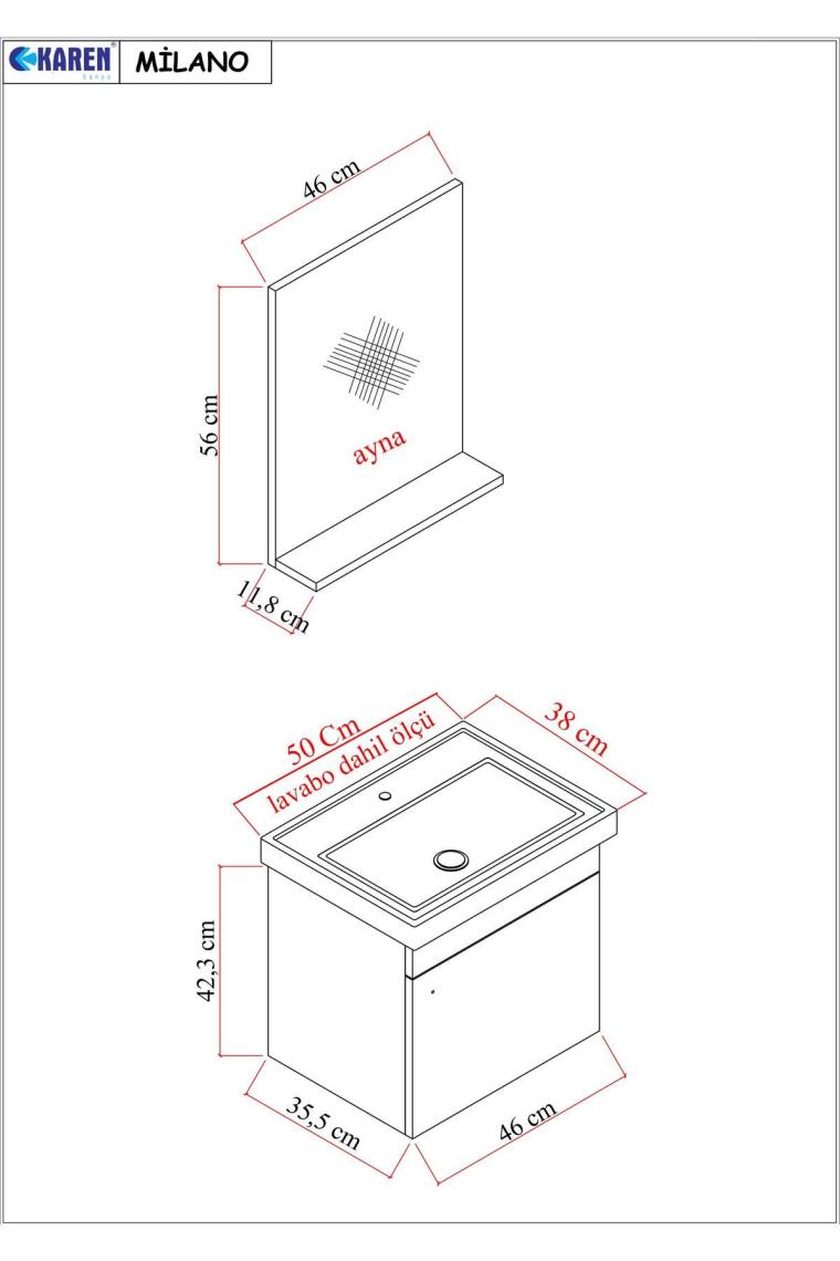 Karen Banyo Milano 50 cm Lavabolu Banyo Dolabı,lavabo Dahil, Ayna Dahil Sonomo meşe