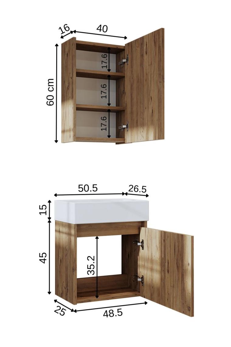 Ayaksız Tek Kapaklı Lavabolu 50 Cm Banyo Dolabı+aynalı Üst Dolabı