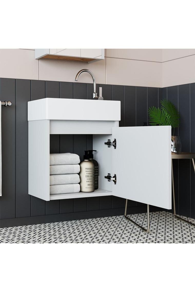 Tek Kapaklı Lavabolu Mat Beyaz 50cm Banyo Dolabı Aynalı Üst Dolabı Tuvalet Kâğıtlığı Tuvalet Standı