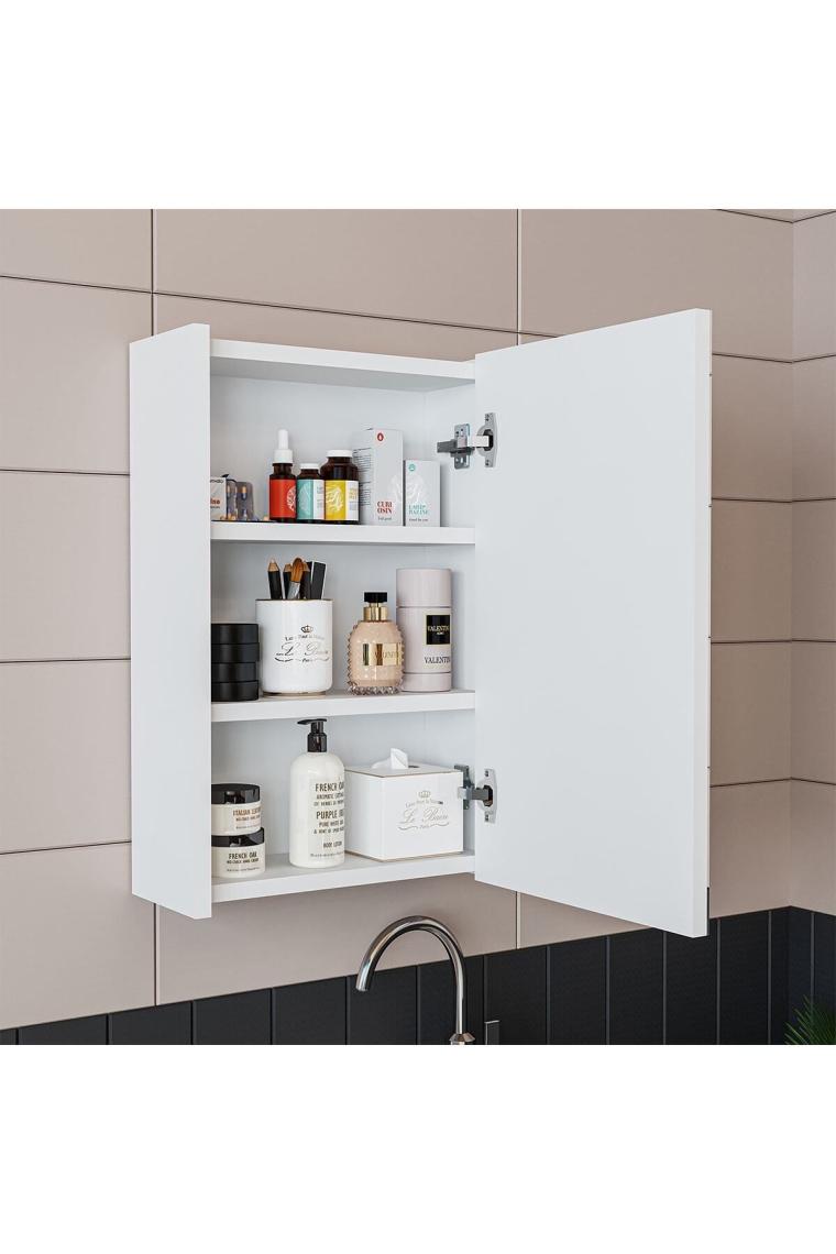 Tek Kapaklı Lavabolu Mat Beyaz 50cm Banyo Dolabı Aynalı Üst Dolabı Tuvalet Kâğıtlığı Tuvalet Standı
