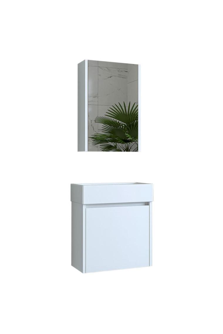 Tek Kapaklı Lavabolu Mat Beyaz 50cm Banyo Dolabı Aynalı Üst Dolabı Tuvalet Kâğıtlığı Tuvalet Standı