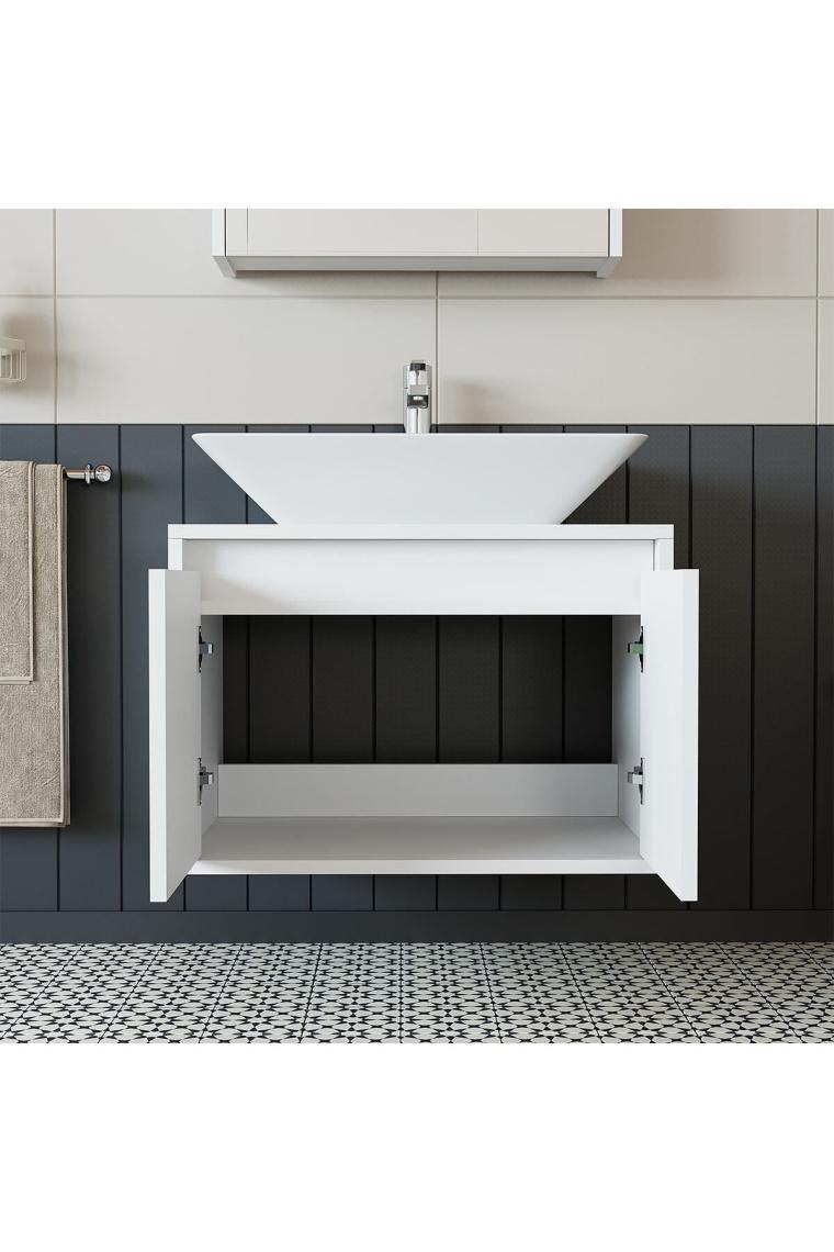 Banos Banyo Ld7 65 Cm Ayaksız 2 Kapaklı Lavabolu Mat Beyaz Mdf