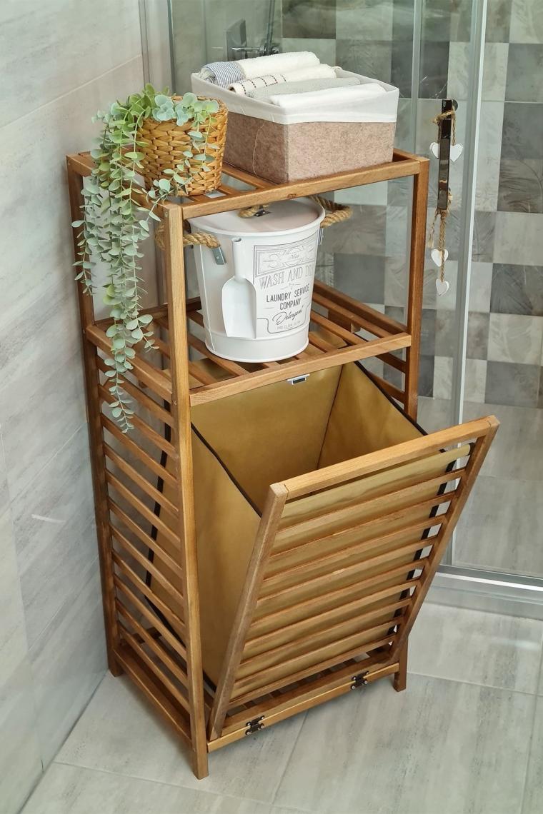 Ceviz Rengi Ahşap Kirli Sepetli Banyo Düzenleyici Raf – Cvz01 C1-1-140