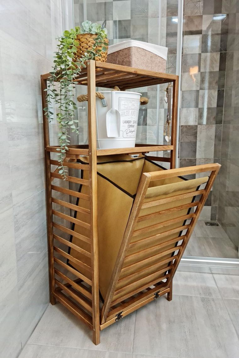 Ceviz Rengi Ahşap Kirli Sepetli Banyo Düzenleyici Raf – Cvz01 C1-1-140